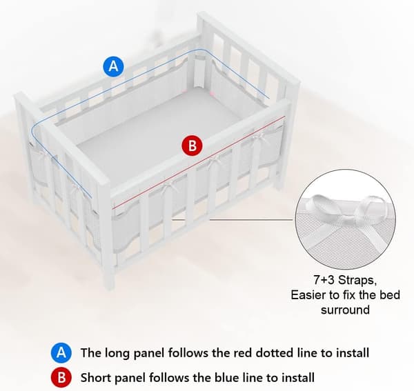Baby Cabin Bumper, Cot Bumper, 3D Mesh Lining, Safe for Cot Air Circulation