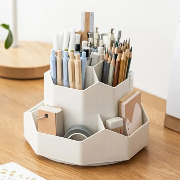 Rotating Pen Holder, Desk Organizer, 9 Compartments, Large Capacity, 360° Rotatable (Beige)
