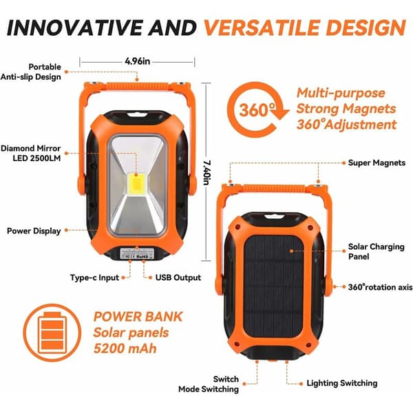 Rechargeable LED Camping Lantern Solar Battery USB Rechargeable LED Headlight Waterproof Ip65 Mechanic Lamp for Camping Tent Work Light