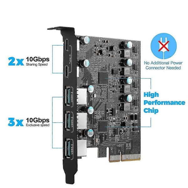 Supersnabb 20 Gbps PCIe USB 3.2 Expansionskort 5 Portar USB-A Typ C För Windows