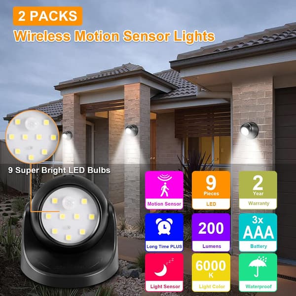 6000K Kallvit Rörelsesensor LED Vägglampa, Trådlös & Vattentät (2-pack) [JUN]