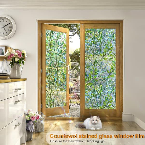 Stained Glass Window Film 43x200cm Electrostatic Self-Adhesive Reusable Decorative Privacy Leaf Design