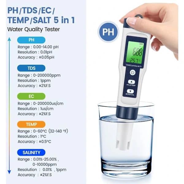 PH tds-måler, vandkvalitetstester 5 i 1 pH/tds/EC/salt/temperatur tds-måler lcd grøn baggrundsbelysning til pool/,A
