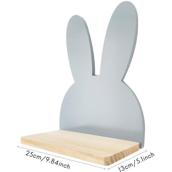 Wall-mounted wooden shelf with rabbit motif, grey