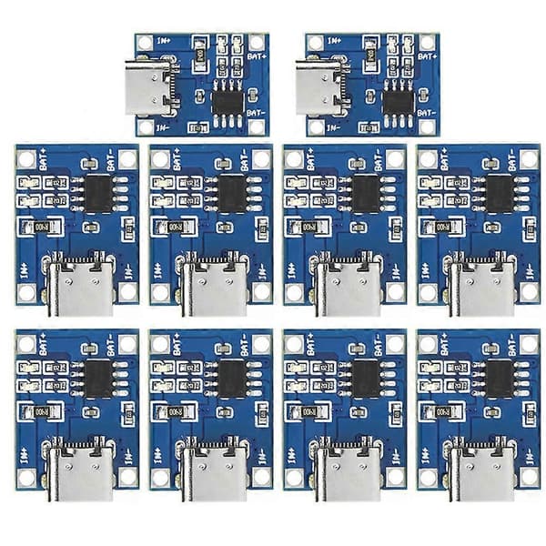 TP4056 5V 1A 18650 Lithium Batterioplader Modul, Type-C Opladningskort med Beskyttelse, Dobbeltfunktions Strøm-PCB 10 STK