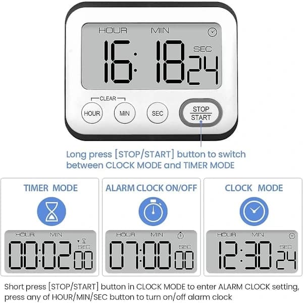 Kitchen Timer Alarm Clock Multifunctional Digital Cooking Timer with Large LCD Display Magnetic Stopwatch Timer with Clock Alarm Magnet