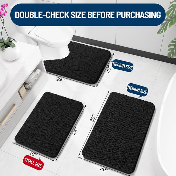 Superblød absorberende chenille badeværelsesmåtte, skridsikker hurtigtørrende maskinvaskbar bademåtte til badekar og bruser, sort, 24x16