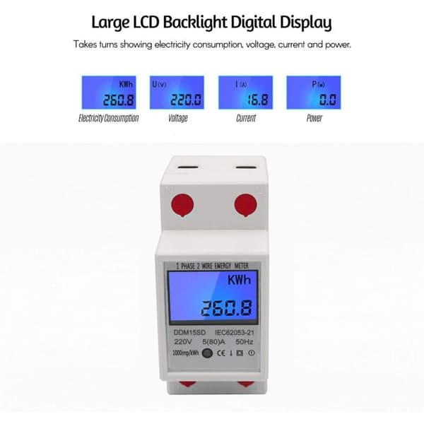 Single-Phase DIN Rail Energy Meter 5-80A 220V 50Hz Electronic KWh Meter with LCD Backlight Digital Display DDM15SD