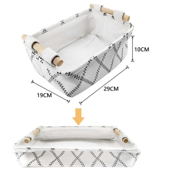 2x Decorative Storage Baskets - Empty Fabric Gift Baskets with Wooden Handles White Rectangular