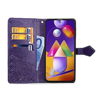 Horisontalt vendbart lærfutteral med Mandala-blomst for Galaxy M31s (lilla)