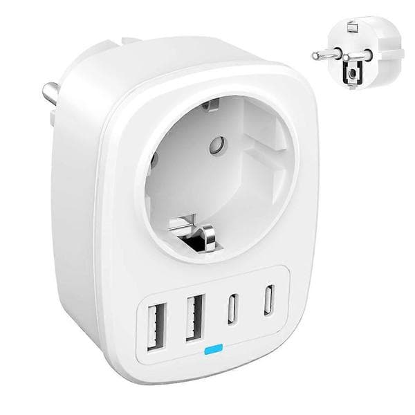 Practical and beautiful 5-in-1 20W EU plug travel adapter 1 AC port + 2 USB-C + 2 USB-A socket converter