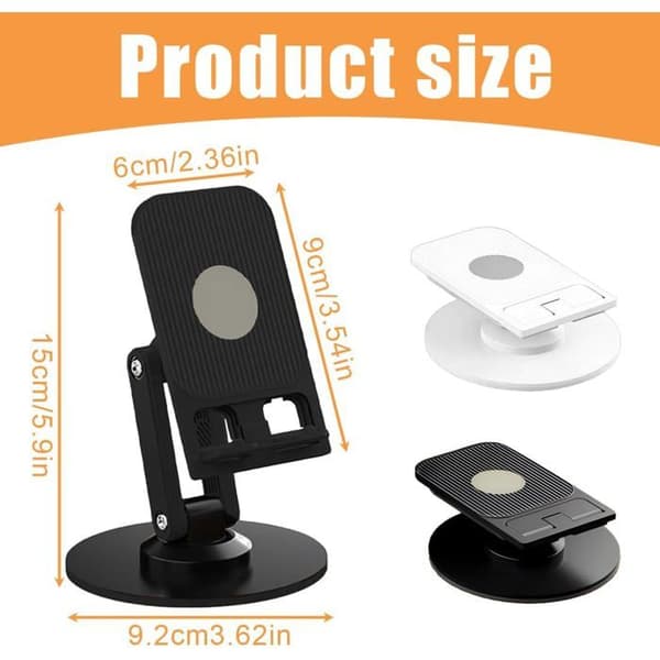 2 foldbare 360° roterende telefonholdere. Sorte og hvide farver, universelle til alle smartphones.