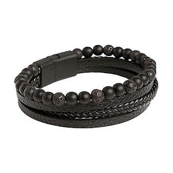 New Leather Braided Surfer Bracelet for Men with Tiger Eye Beads, Bangle, Gift (Black)