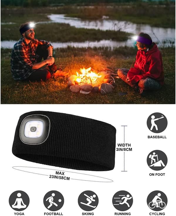 Sportpannebånd med LED-lys, USB-oppladbar hodelykt for utendørs synlighet, 4 LED-lys, Grå
