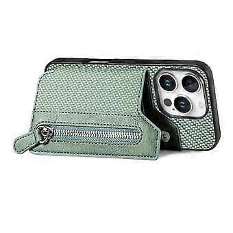 Kompatibelt etui til iPhone 16 Pro Max Læder+PC+TPU Pungcover med lynlås (grøn)