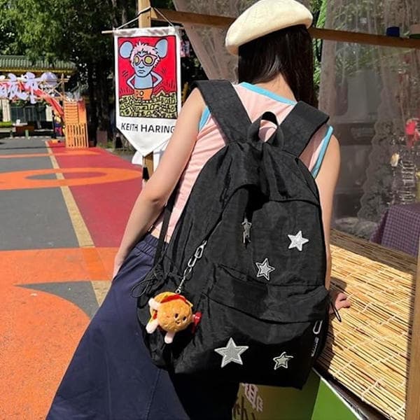 Kawaii Backpack with Cute Accessories - Waterproof Nylon, Multiple Compartments and Outer Pockets (Black)