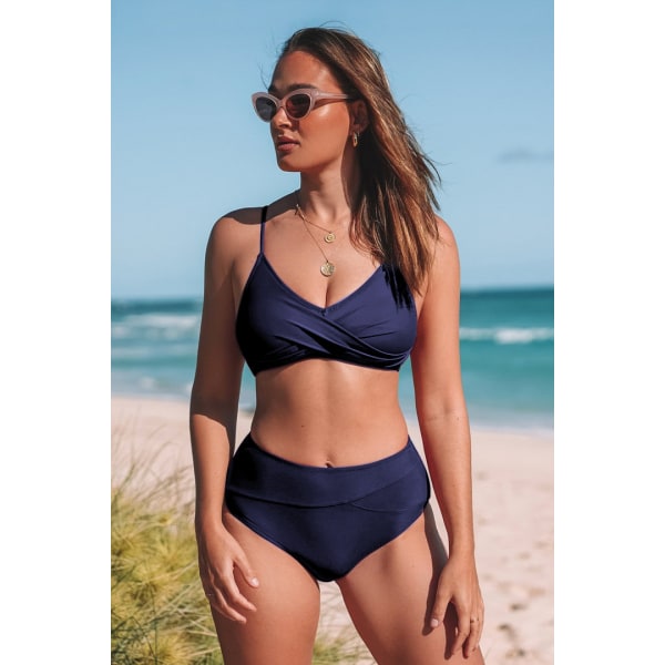 Solid color V-neck bikini set navy blue M