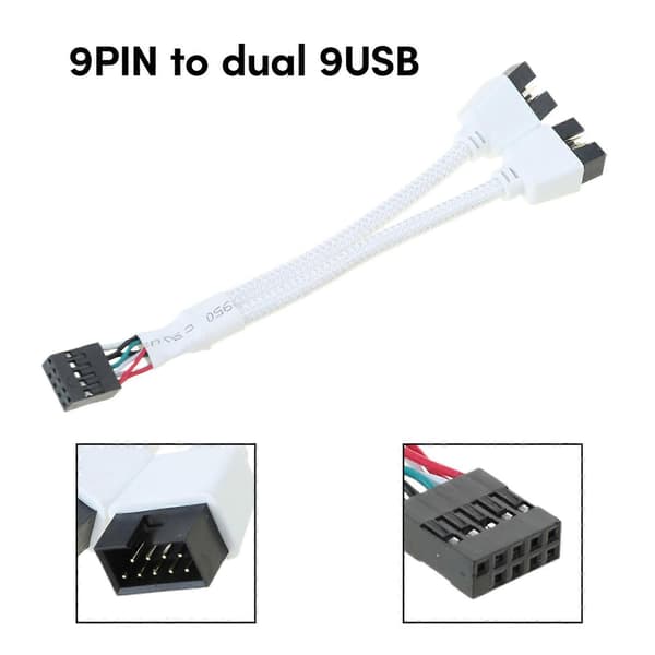 Motherboard USB2.0 9-pin to Dual 9-pin Splitter Cable Shielded USB Wire Mesh Line White Multicolor Multicolor