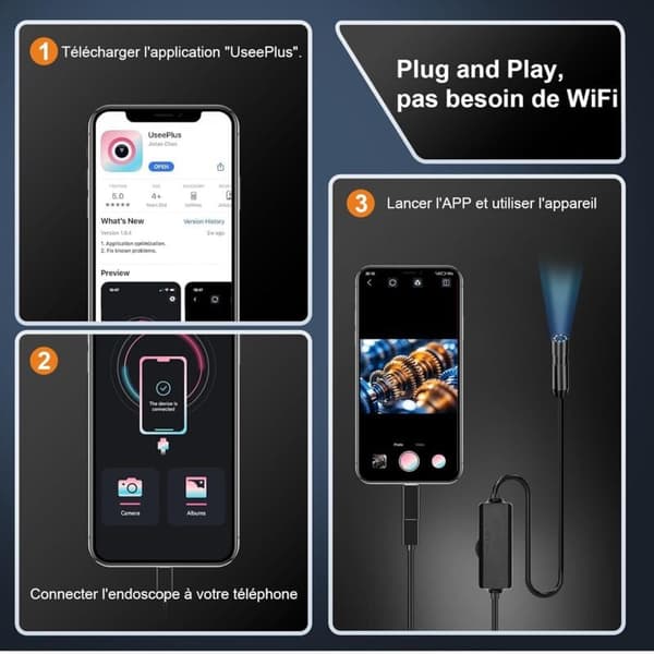 Endoscope Camera, 1920P HD Pipe Inspection Camera, IP67 Endoscope Camera with 8 LED Lights 5m Semi-Rigid Cable for iPhone iOS iPad Android Smartphone