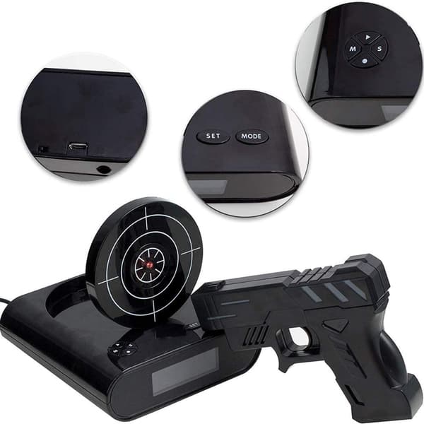 Target Alarm Clock, Creative Gun Shooting Alarm Personalized 12-hour Digital Display for Heavy Sleepers, Fun Gift Idea