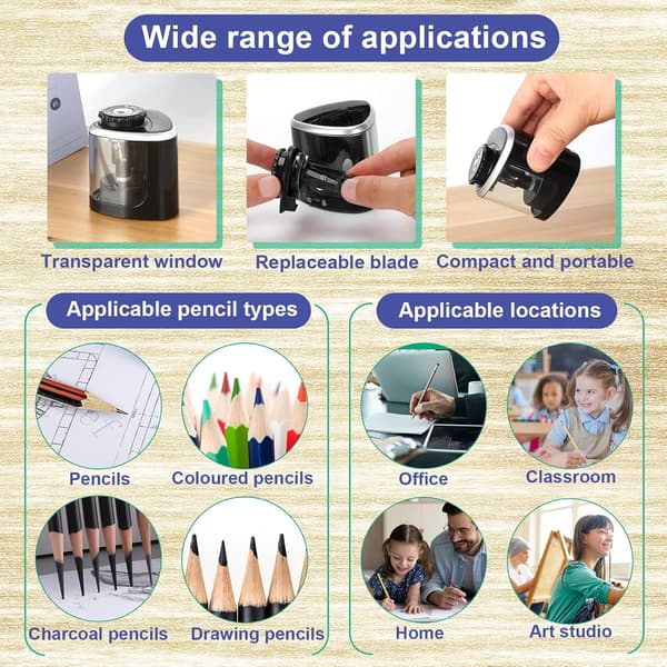 Black - 1-piece electronic pencil sharpener, battery-powered pencil sharpener, replaceable blades, electric + manual pencil sharpener 2 modes, safe