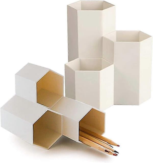 Creative Hexagon Pen Holder Plastic Pen Pot Cup, Multifunctional Desktop Storage - Beige