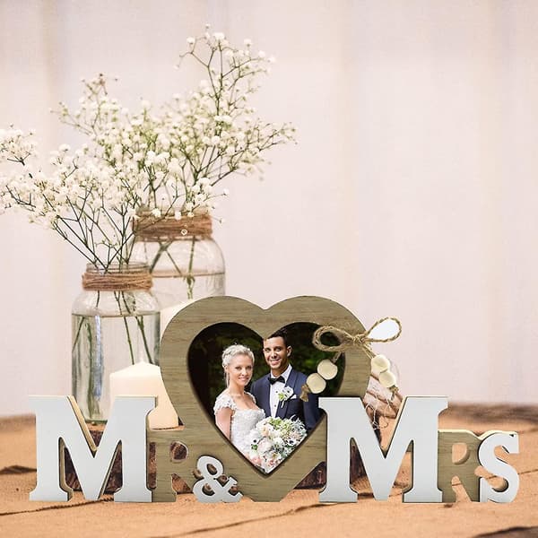 Mr & Mrs bryllupsdekorasjoner med hjertefotoramme, hjerteformet treramme bryllupsgave bildevisning