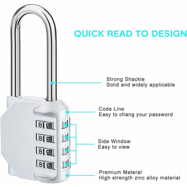 Large Handle Padlock, 4-Digit Combination Lock, Cadna with Long Handle for Gym Lockers, Changing Rooms, College, School Wardrobe, E