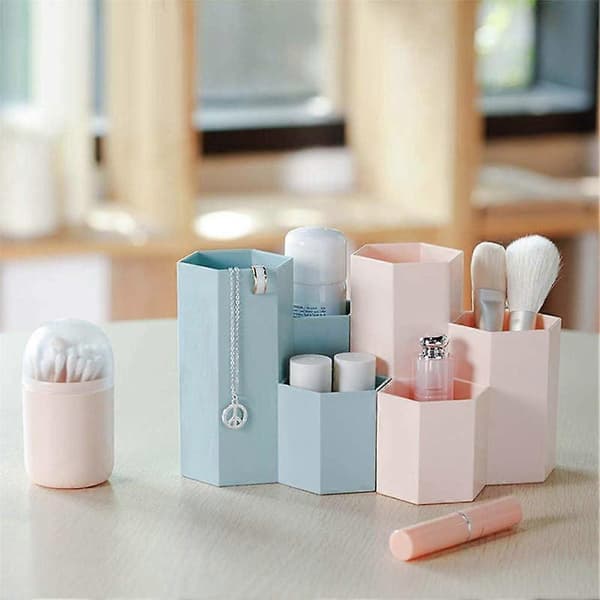 Creative Hexagon Pen Holder Plastic Pen Pot Cup, Multifunctional Desktop Storage - Beige