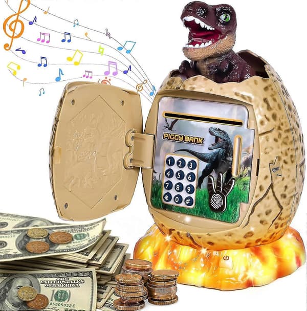 Boks for barn, Dinosaurieegg Sparegris for gutter jenter ATM Passord Barnesikker med sikkerhetskode Musikk & Lys Nyhet Ea Gave for barn Brun - - Brown