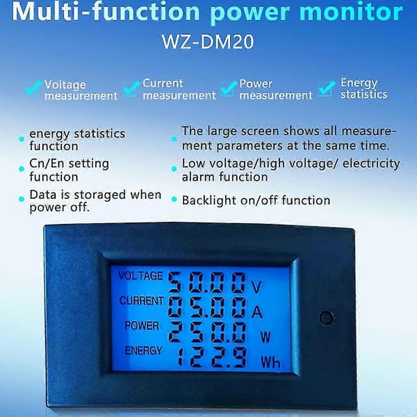 Oppgradert Digital Spenningsmultimeter Volt Watt Effekt Energimåler Amperemeter Volt
