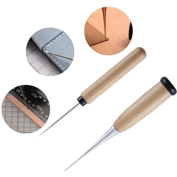 2-pack Awl with Wooden Handle, Punch Kit for Sewing, Solid Awl Tool for DIY Crafts NPTERBL