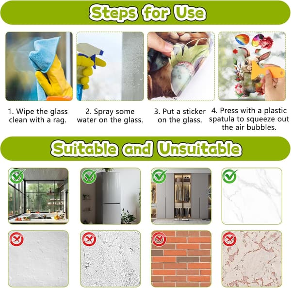 Easter Window Decorations Rabbit and Egg Design Electrostatic Adhesion Reusable 9 Sheets 20x30cm Includes Scraper