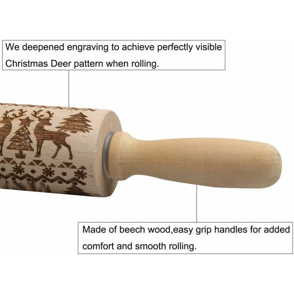 Christmas Patterned Wooden Rolling Pin, Rolling Pin, Kitchen Utensil, Baking Accessory, Eye-catcher, Stable and Durable, Christmas Theme, 38 cm x 5 cm