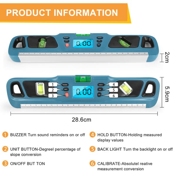 29cm Digital Torpedo Level - Inclinometer - Angle Meter - Spirit Level - Magnetic Base - Backlight