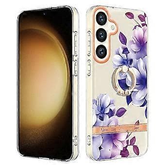 Compatible Back Cover for Samsung Galaxy S24 with Ring Stand Flower Pattern Electroplated TPU Case (Purple)