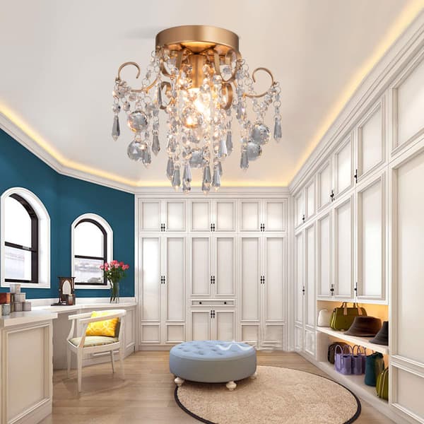 Mini Crystal Chandelier Ceiling Light Small Gold Flush Mount Ceiling Lamp for Entryway Bedroom Bathroom Hallway Closet E12