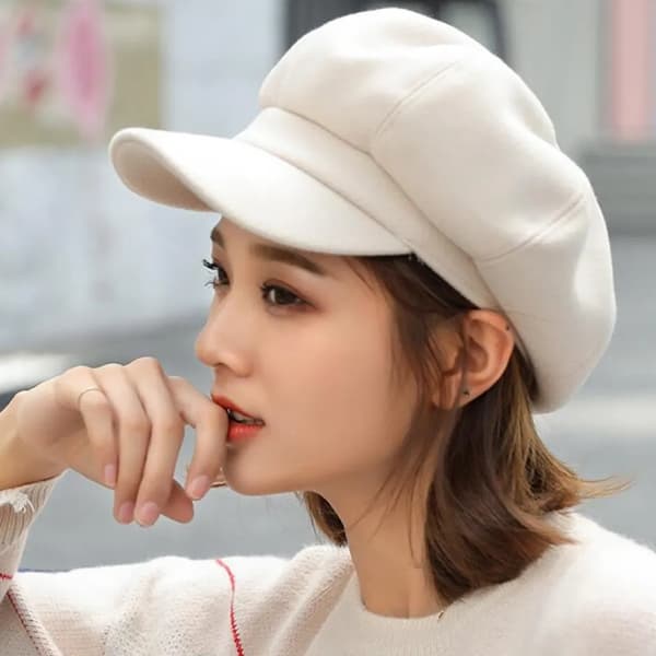Dame vinterhatt, åttekantet hatt, beret, varm ullhatt, bakerhatt, beige