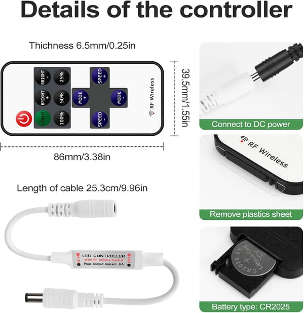 2PCS RF Mini LED Strip Controller, 11 Buttons RF Wireless Remote Control for Single Color RGB LED Strip 5