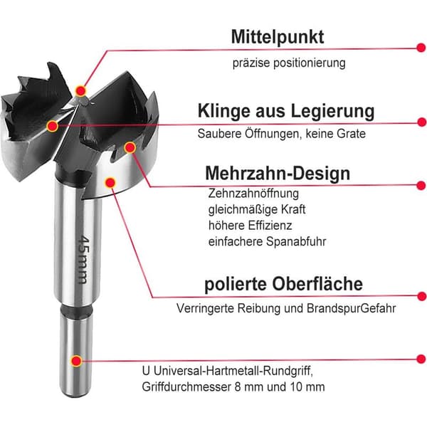 44 mm diameter Forstner drill bit for wood - Forstner drill bit for hardwoods - Sharp and durable wood drill bit with round handle - 44 mm diameter forestry