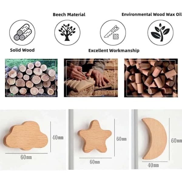 Cabinet Knobs, 6 Pcs Solid Wood Knobs for Kids, Stars, Moon, Cloud Knobs for Cabinets, Furniture Knobs, Kids, Natural Decor