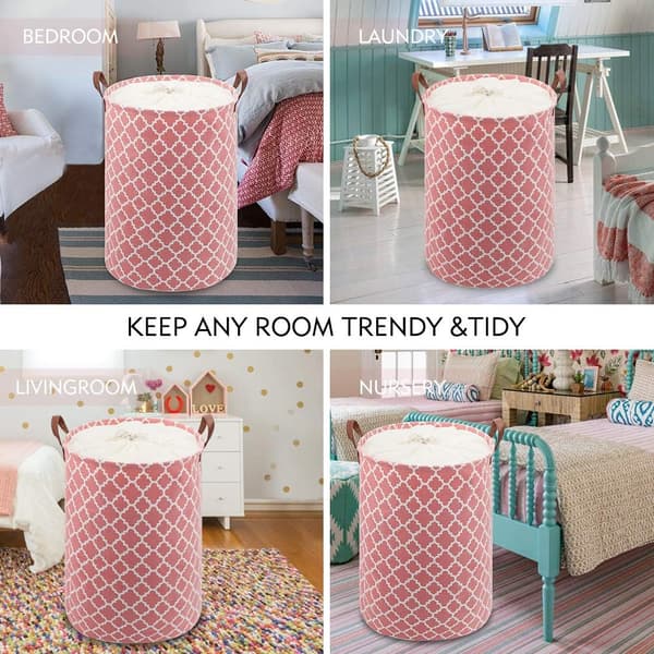 72L Thickened Extra Large Laundry Hamper with Durable Leather Handle Waterproof Inside, Drawstring Round Cotton Linen Foldable Storage Basket (Pink)