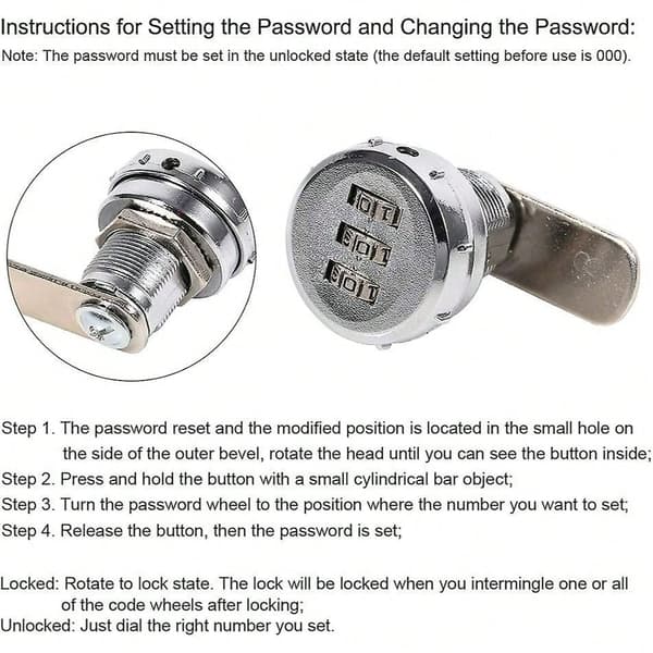 Code Lock, Coded Drawer Cabinet Lock, Digital, Mechanical, Zinc Alloy, 3-Digit