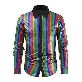 Men's Long Sleeve Geometric Button Down Lapel Collar Shiny T-Shirt (S Multicolor)