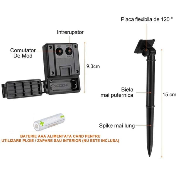 Julebelysning, 12 m, 100 LED, RGB, 8 moduser, IP45 vanntett, Batteri/Solcellepanel, Varmhvit