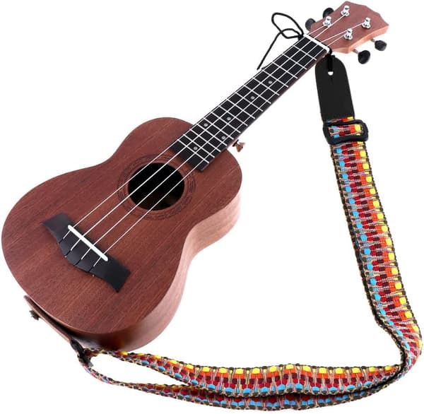 Ukulele-rem, bohemisk stickad bomullsrem, justerbar gitarrrem i bomull med läderändar - retrostil - för ukulele och liten gitarr (Ra