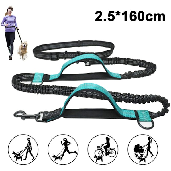 Jogge Hundebånd, Oppgradert Håndfritt Hundebånd med To Bungees, Langt Nylon Hundebånd med Justerbart Midjebelte for Løping, Vann Grønn