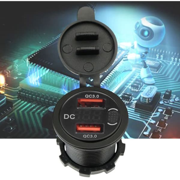 QC3.0 Dobbel USB-billader med LED-knappbryter Spenningsdisplay Blå Båter