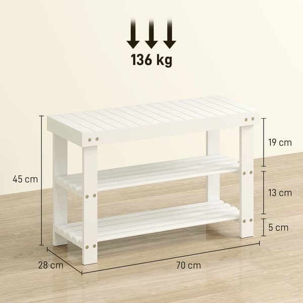 Bambuskobänk med förvaring, 2 hyllor, 70x28x45 cm, vit