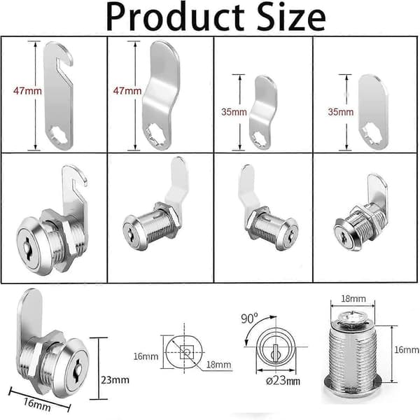 Cylinder 16mm Security Lock for Mailbox with 5 Different Locking Plates and 2 Keys, Cam Lock for Cabinets, Lockers, Toolbox, Filing Cabinet